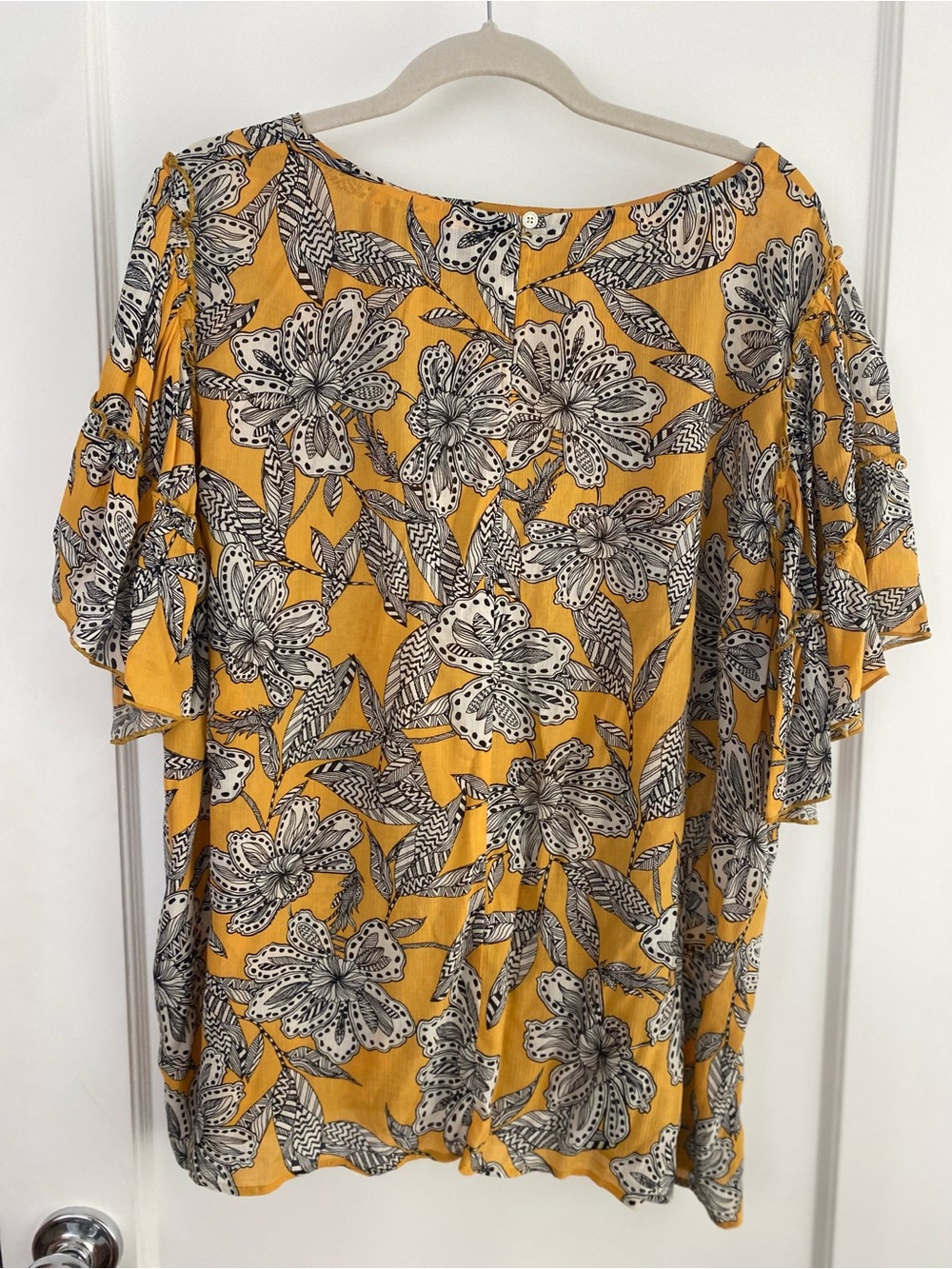 LOFT Yellow Floral Print Blouse with Black-White Detail
